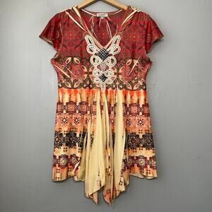One World Sz Small Y2K Hippie Boho Fairy Sublimation Babydoll Tunic Top Mori Kei